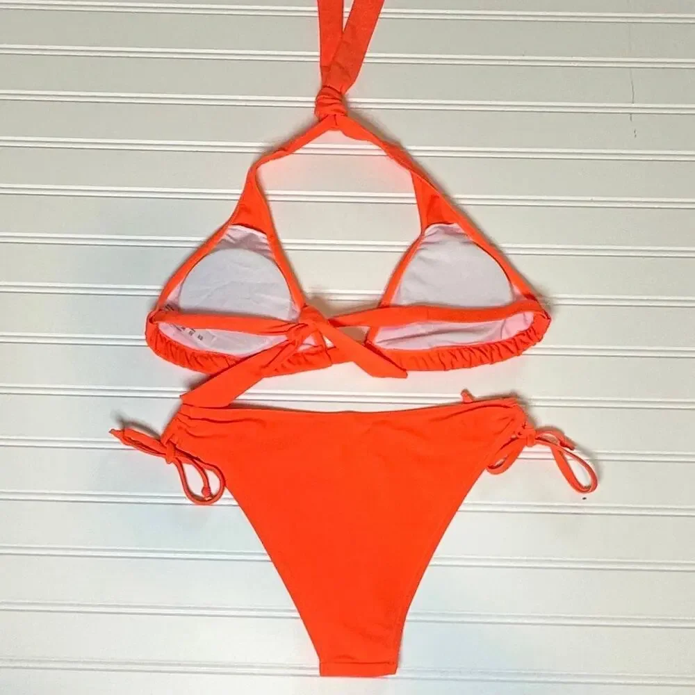 Womens 2 Piece Swimsuit Orange Halter Bikini XS Tie Side Bottoms Swimwear